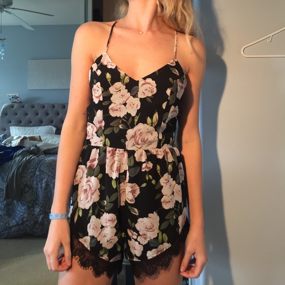 Pink and Black Floral Romper with Lace Detail